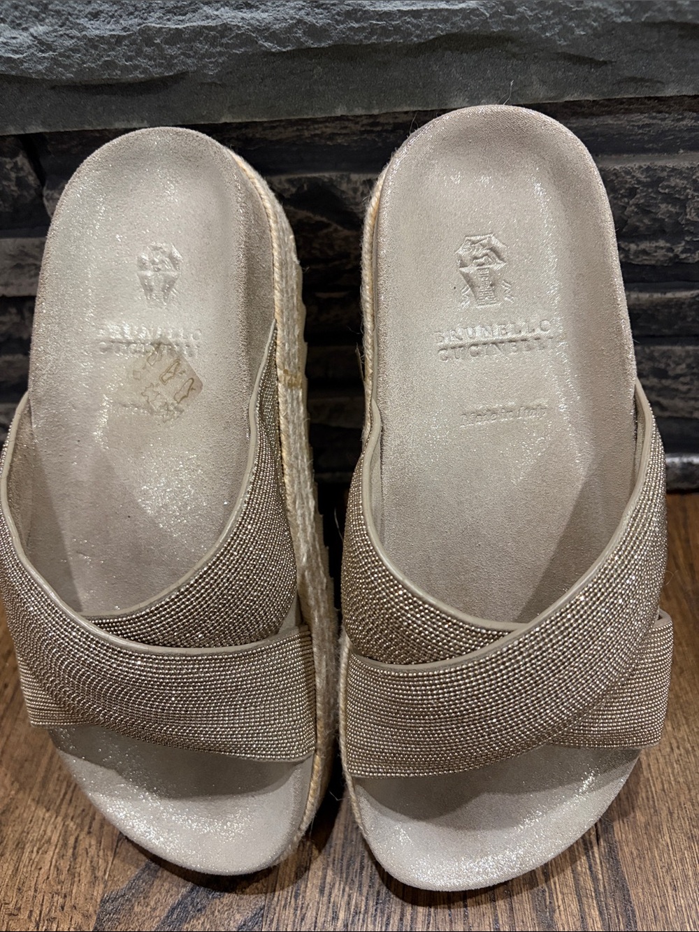 Brunello Cucinelli Metallic Gold Woven Espadrille Mules NWOT